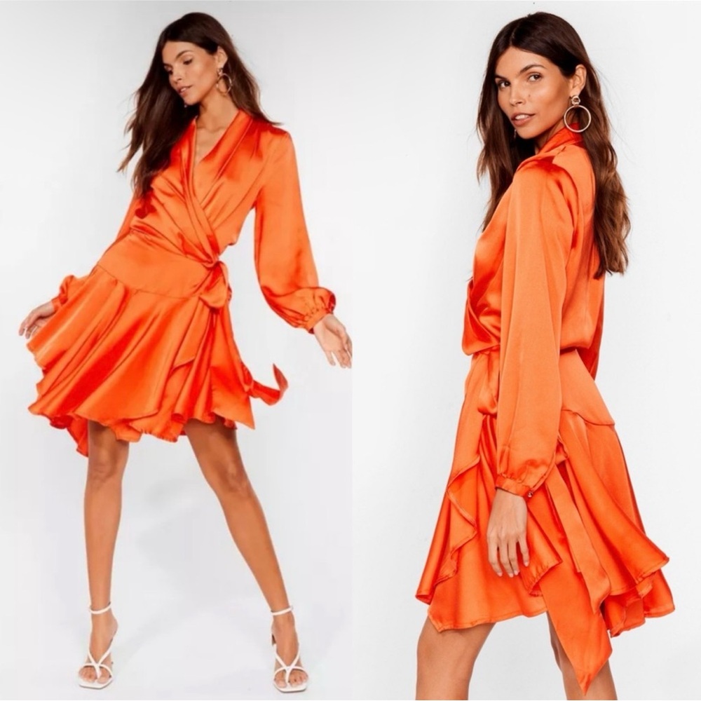 Nasty Gal Satin Wrap Long Sleeve Mini Dress in Bright Orange